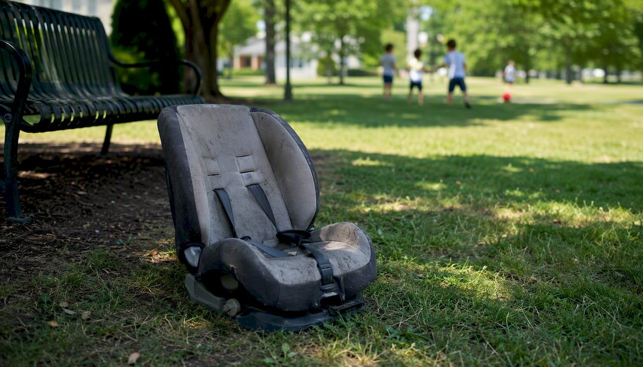 Discarded child car seat outdoors near recycling bin