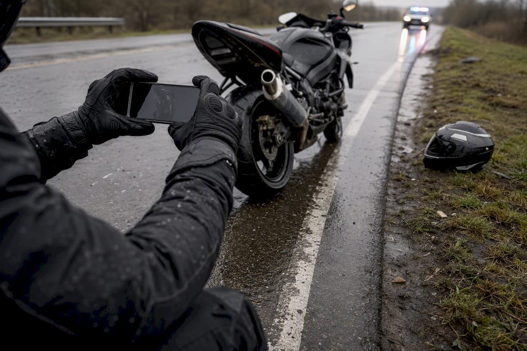 Hands photographing motorcycle position at crash scene