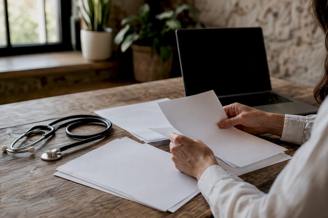 Medical bills and stethoscope on desk