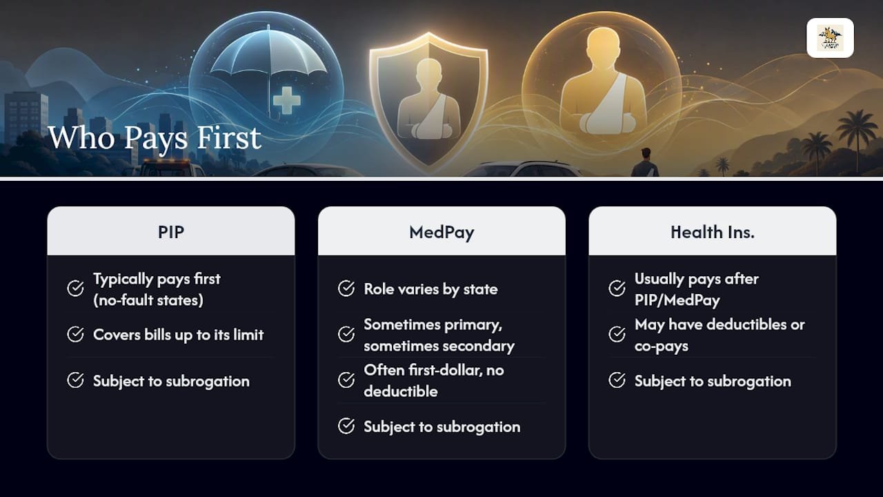 Who Pays First: Health Insurance, PIP, or MedPay? — overview diagram