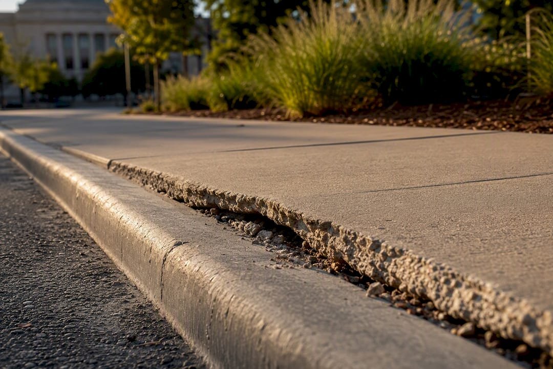 Crumbling public sidewalk beside municipal landscaping