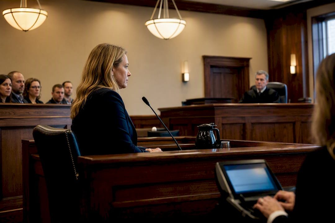 Witness testifying inside a courtroom