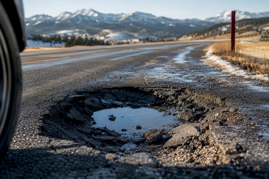 Deep pothole on Colorado mountain roadway