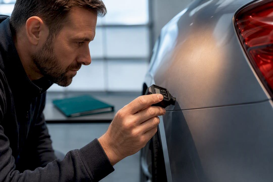 Appraiser examining repaired vehicle panel