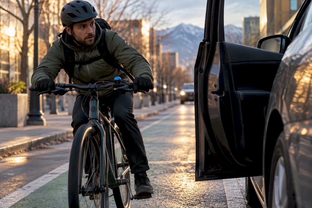 Cyclist braking beside an open car door