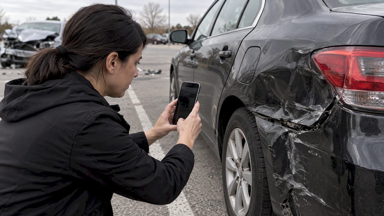 Driver photographing vehicle damage after crash