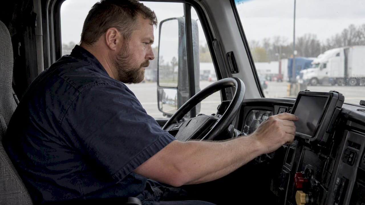 Driver checking an ELD in truck cab