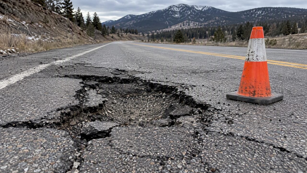 Broken pavement on a Colorado state highway