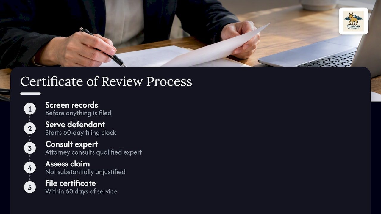 Expert review and certificate filing timeline